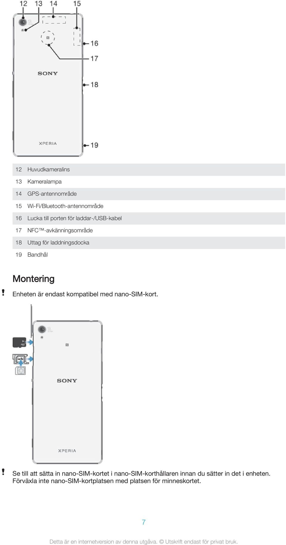 Enheten är endast kompatibel med nano-sim-kort.