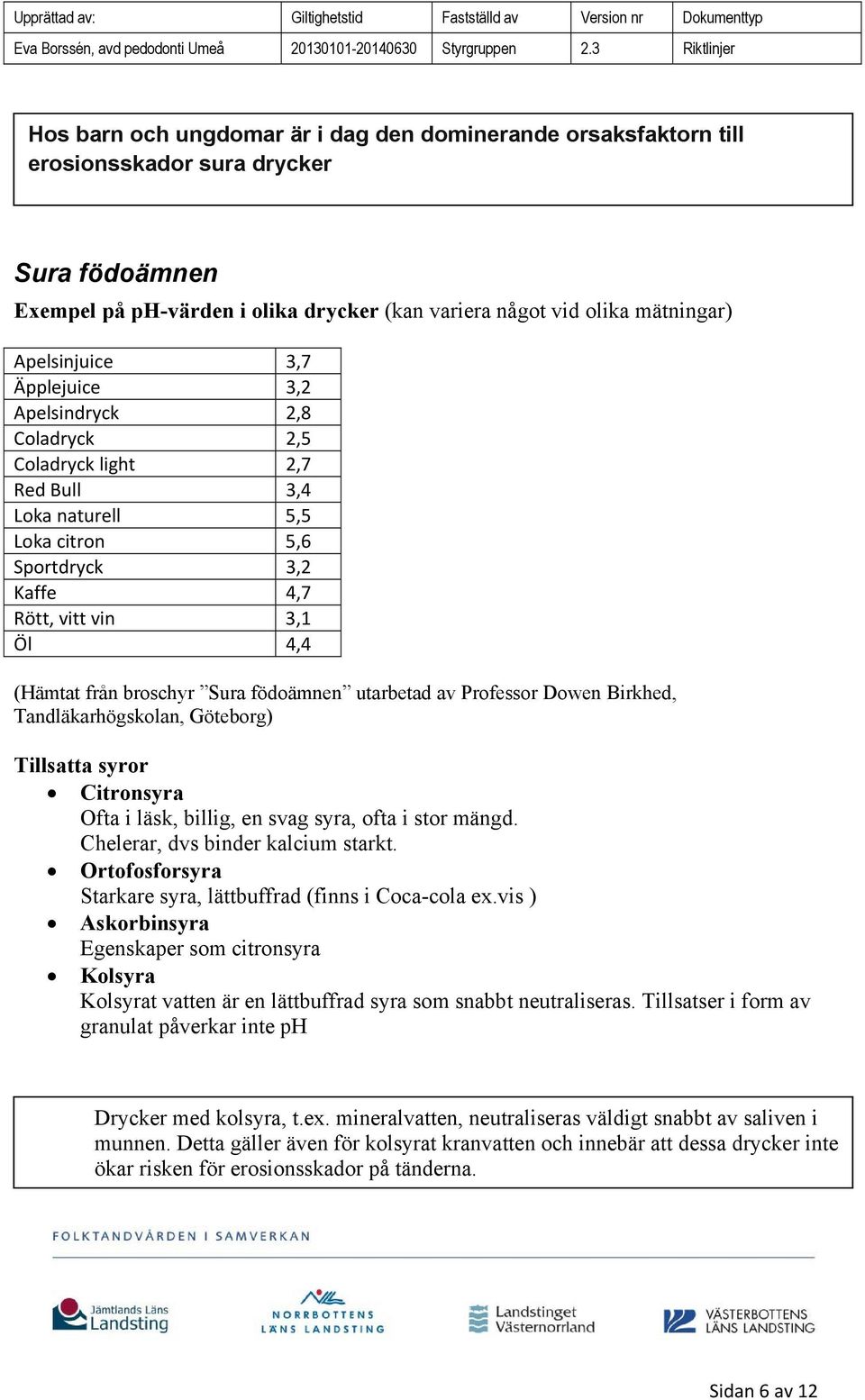 födoämnen utarbetad av Professor Dowen Birkhed, Tandläkarhögskolan, Göteborg) Tillsatta syror Citronsyra Ofta i läsk, billig, en svag syra, ofta i stor mängd. Chelerar, dvs binder kalcium starkt.