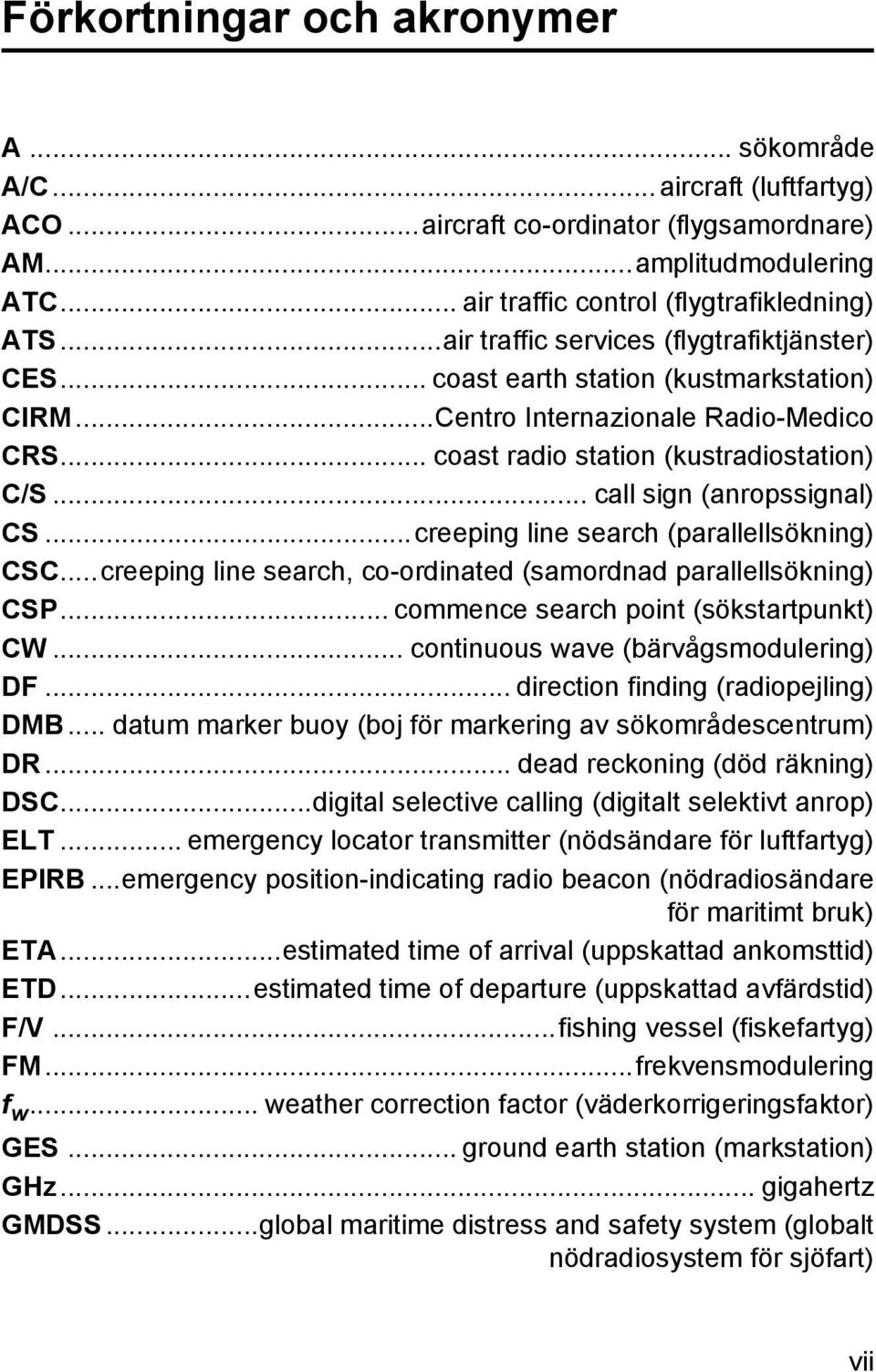 .. call sign (anropssignal) CS...creeping line search (parallellsökning) CSC...creeping line search, co-ordinated (samordnad parallellsökning) CSP... commence search point (sökstartpunkt) CW.