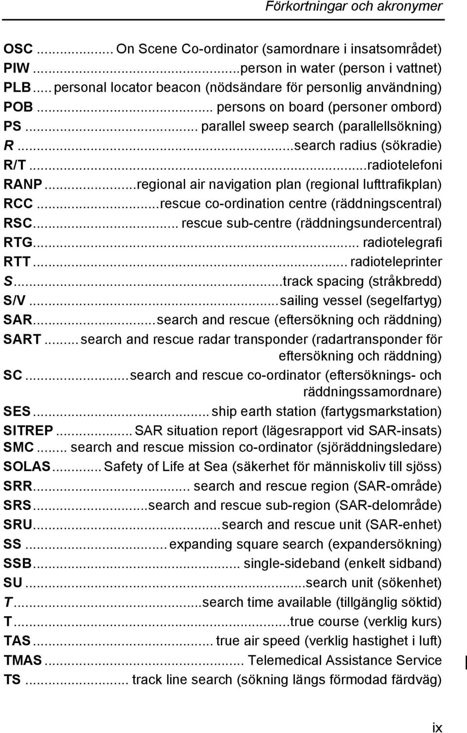 ..rescue co-ordination centre (räddningscentral) RSC... rescue sub-centre (räddningsundercentral) RTG... radiotelegrafi RTT... radioteleprinter S...track spacing (stråkbredd) S/V.