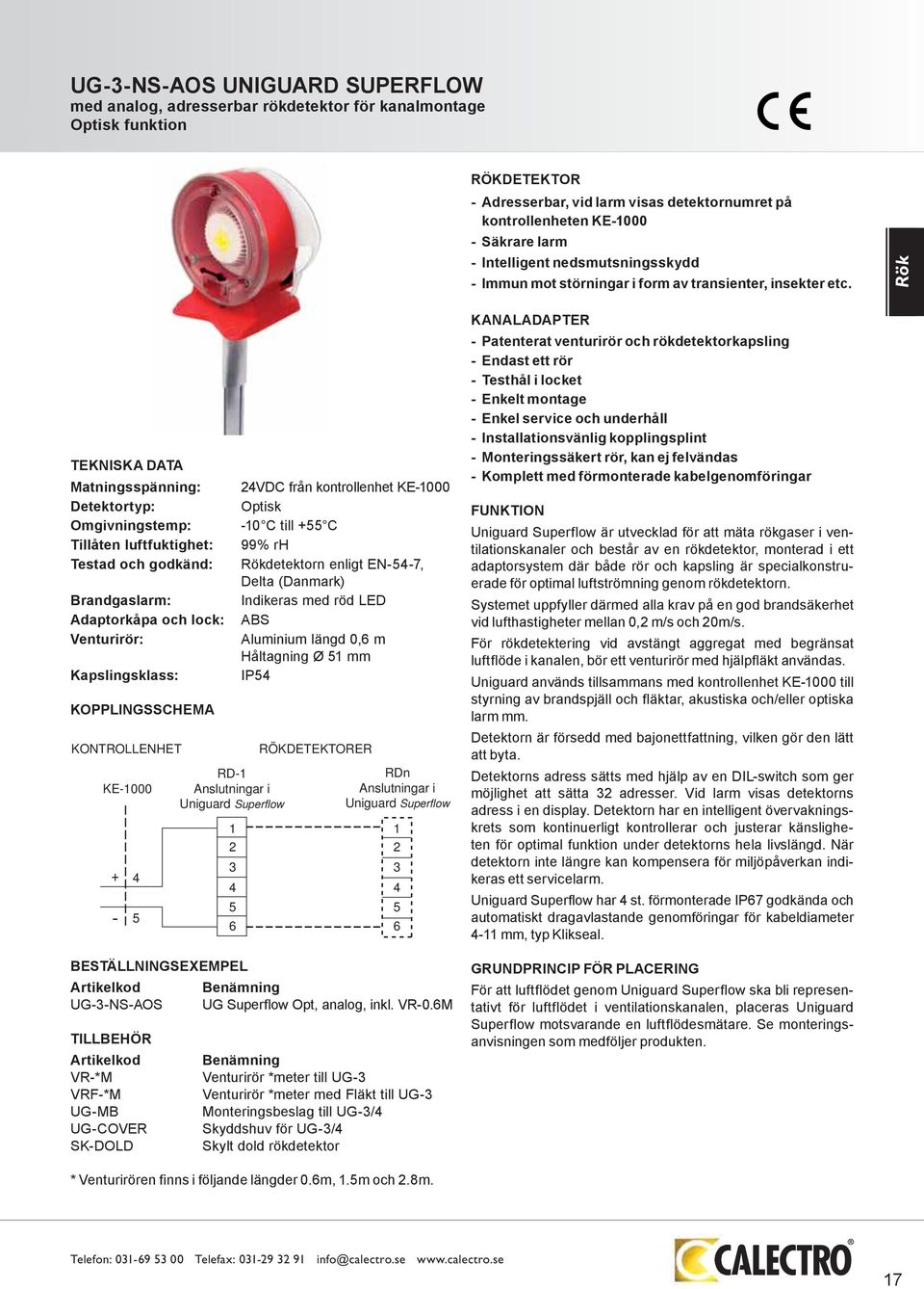 Rök TEKNISKA DATA Matningsspänning: Detektortyp: Omgivningstemp: Tillåten luftfuktighet: Testad och godkänd: Brandgaslarm: Adaptorkåpa och lock: Venturirör: Kapslingsklass: KOPPLINGSSCHEMA 24VDC från