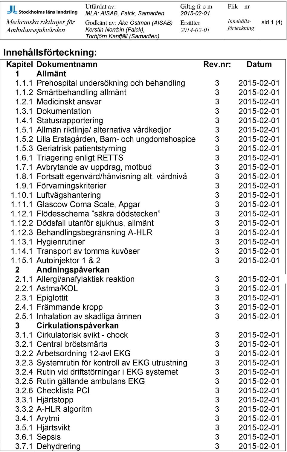 6.1 Triagering enligt RETTS 3 1.7.1 Avbrytande av uppdrag, motbud 3 1.8.1 Fortsatt egenvård/hänvisning alt. vårdnivå 3 1.9.1 Förvarningskriterier 3 1.10.1 Luftvägshantering 3 1.11.