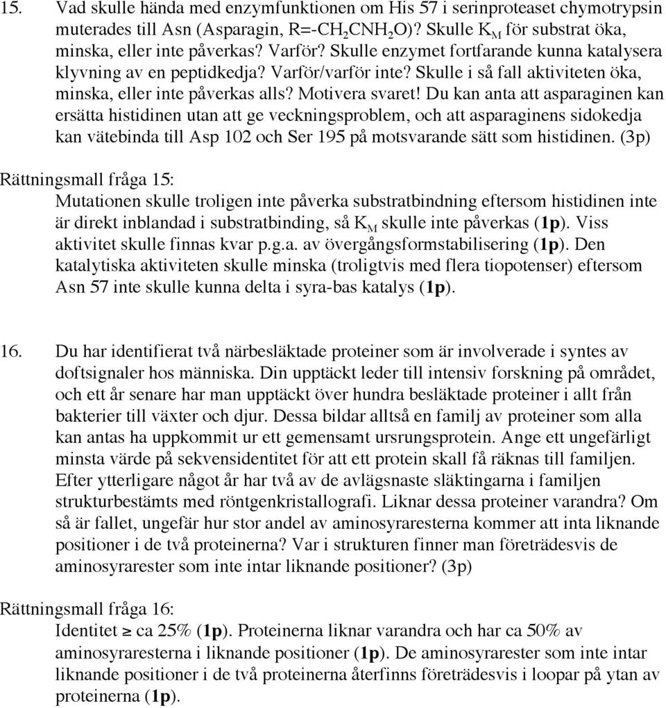 Du kan anta att asparaginen kan ersätta histidinen utan att ge veckningsproblem, och att asparaginens sidokedja kan vätebinda till Asp 102 och Ser 195 på motsvarande sätt som histidinen.