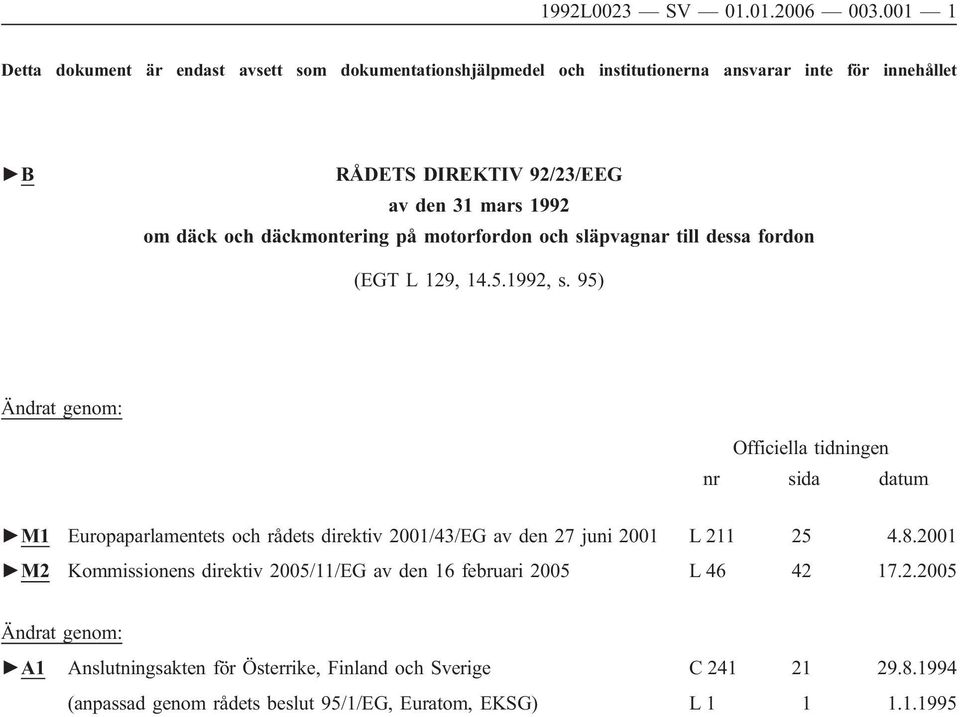 däck och däckmontering på motorfordon och släpvagnar till dessa fordon (EGT L 129, 14.5.1992, s.