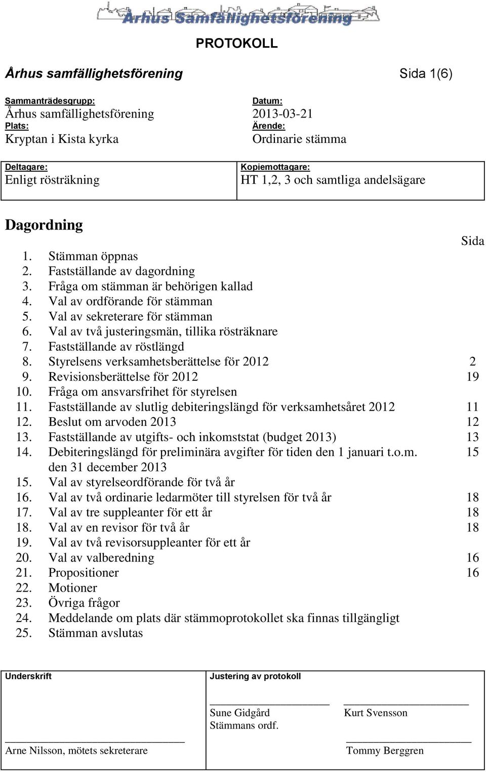 Styrelsens verksamhetsberättelse för 2012 2 9. Revisionsberättelse för 2012 19 10. Fråga om ansvarsfrihet för styrelsen 11. Fastställande av slutlig debiteringslängd för verksamhetsåret 2012 11 12.
