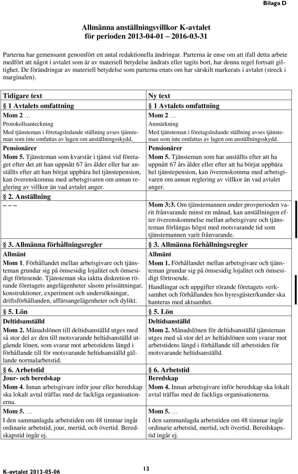 De förändringar av materiell betydelse som parterna enats om har särskilt markerats i avtalet (streck i marginalen).