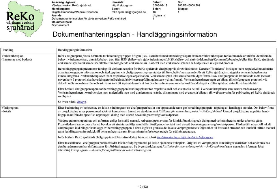 från HSN (hälso- och sjukvårdsnämnden)/hsk (hälso- och sjukvårdskansliet)/kommunförbund och/eller från ReKo sjuhärads verksamhetsplan/verksamhetsberättelse från föregående verksamhetsår.