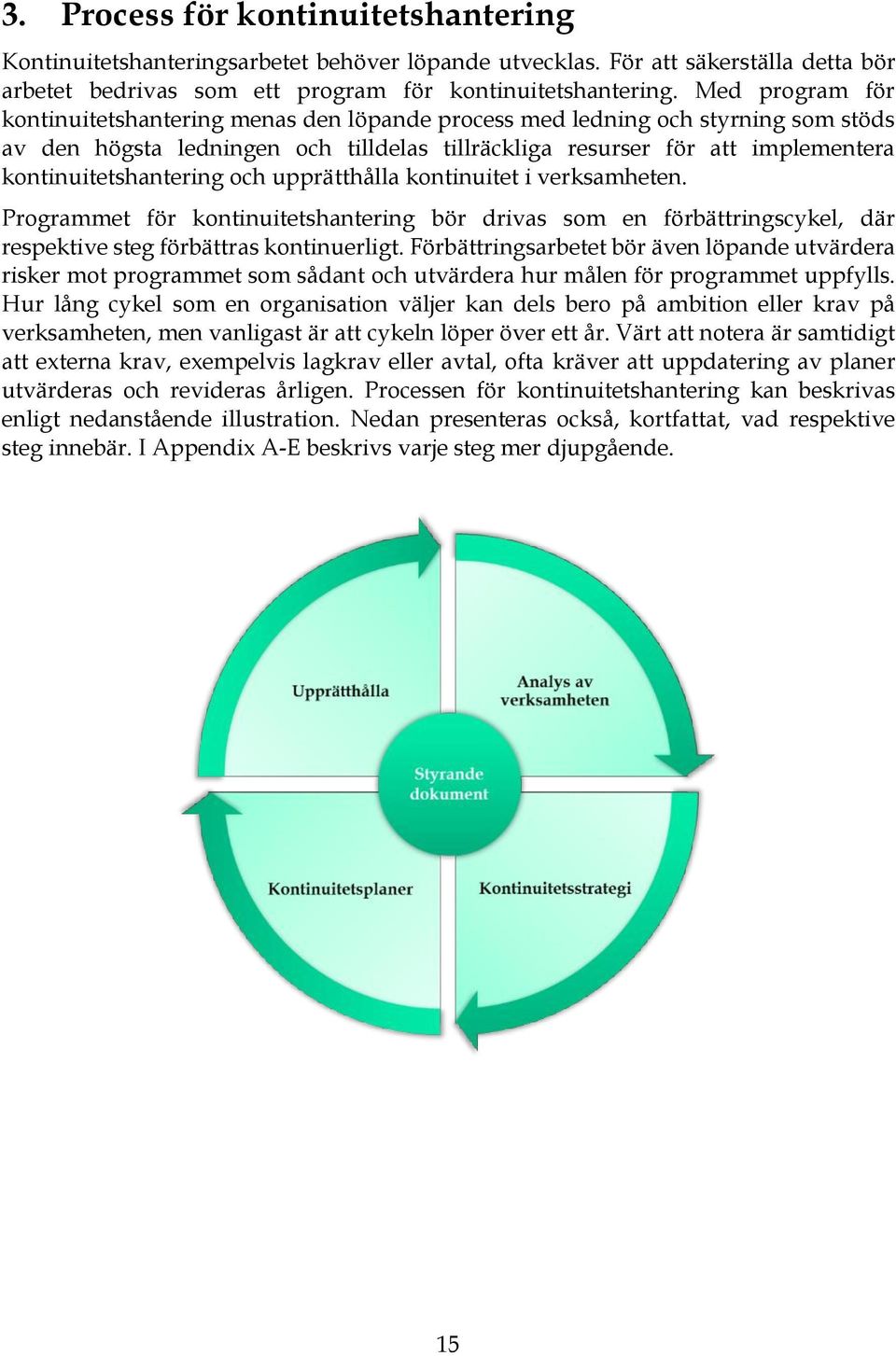 kontinuitetshantering och upprätthålla kontinuitet i verksamheten. Programmet för kontinuitetshantering bör drivas som en förbättringscykel, där respektive steg förbättras kontinuerligt.