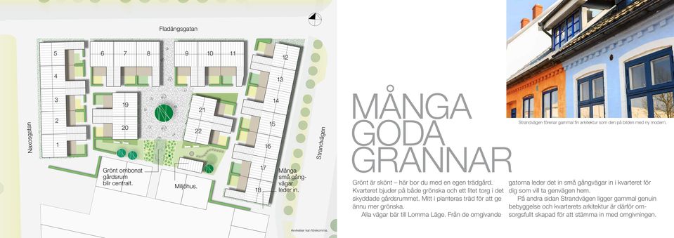 Mitt i planteras träd för att ge ännu mer grönska. Alla vägar bär till Lomma Läge. Från de omgivande Strandvägen förenar gammal fin arkitektur som den på bilden med ny modern.