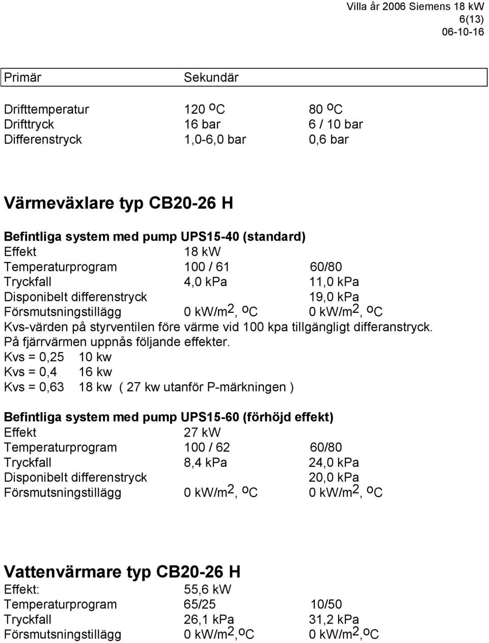 kpa tillgängligt differanstryck. På fjärrvärmen uppnås följande effekter.