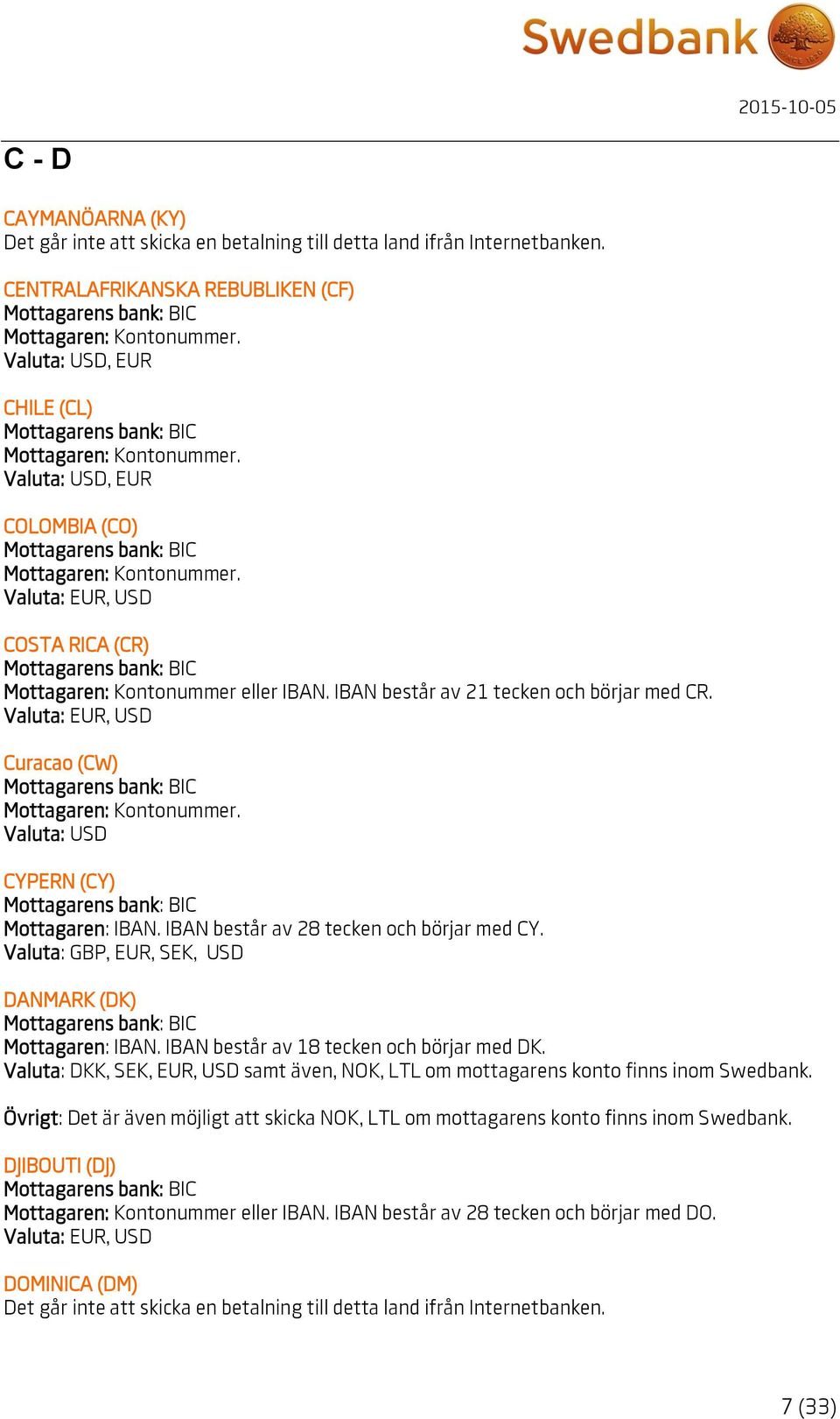 IBAN består av 18 tecken och börjar med DK. Valuta: DKK, SEK, EUR, USD samt även, NOK, LTL om mottagarens konto finns inom Swedbank.