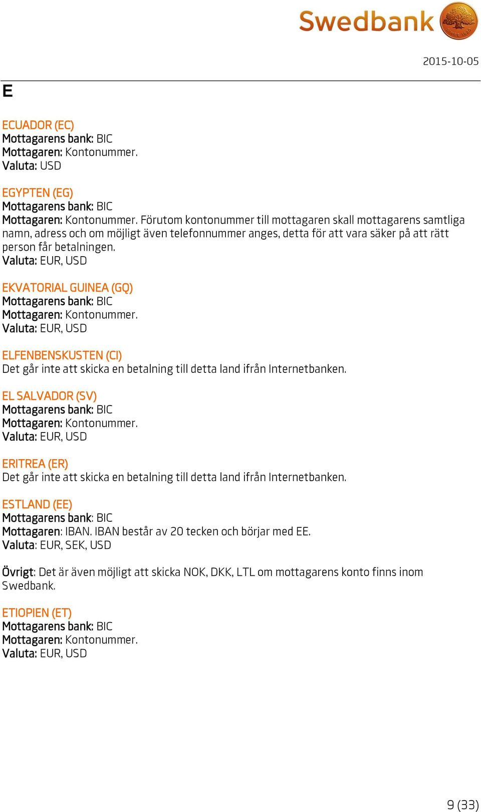 EKVATORIAL GUINEA (GQ) ELFENBENSKUSTEN (CI) EL SALVADOR (SV) ERITREA (ER) ESTLAND (EE) Mottagaren: IBAN.