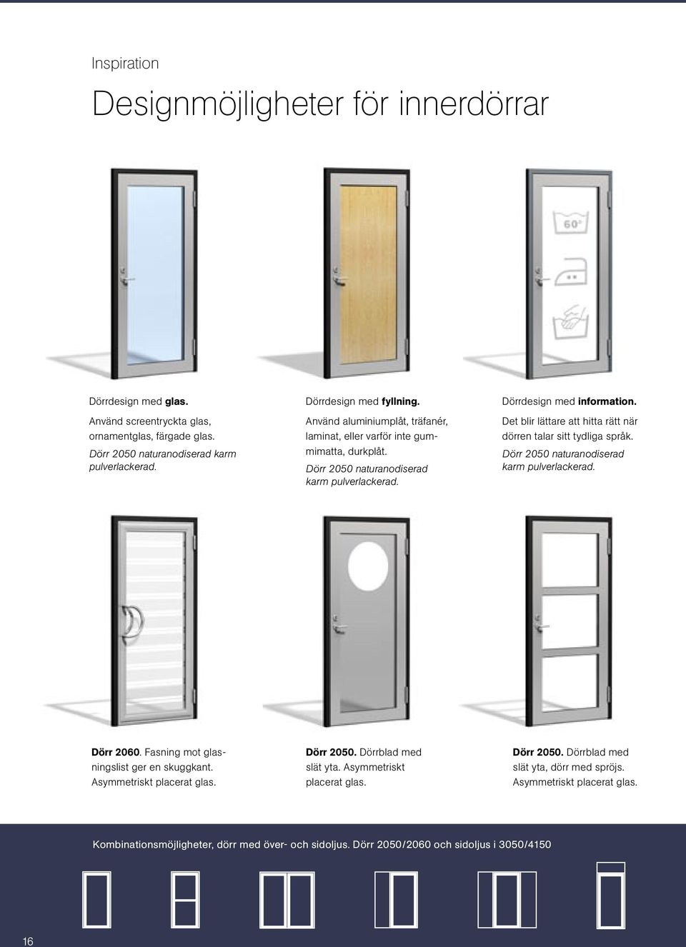 Det blir lättare att hitta rätt när dörren talar sitt tydliga språk. Dörr 2050 naturanodiserad karm pulverlackerad. Dörr 2060. Fasning mot glasningslist ger en skuggkant.