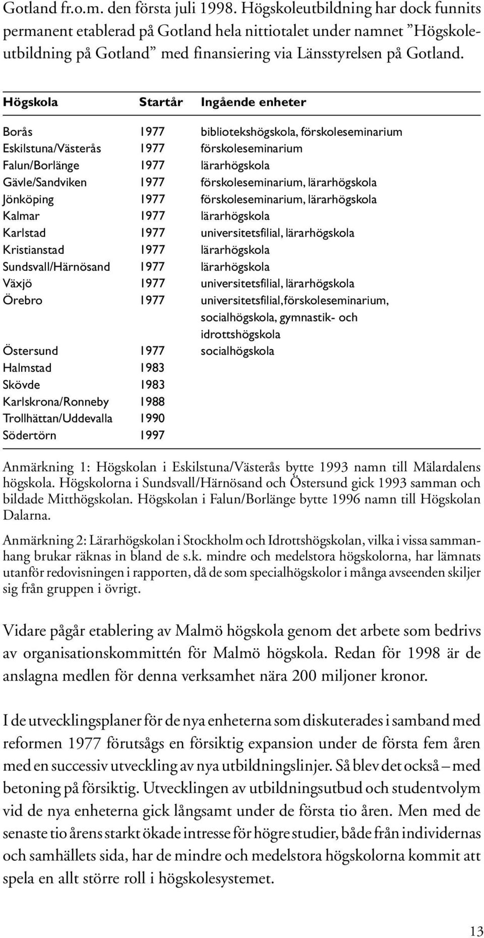 Högskola Startår Ingående enheter Borås 1977 bibliotekshögskola, förskoleseminarium Eskilstuna/Västerås 1977 förskoleseminarium Falun/Borlänge 1977 lärarhögskola Gävle/Sandviken 1977