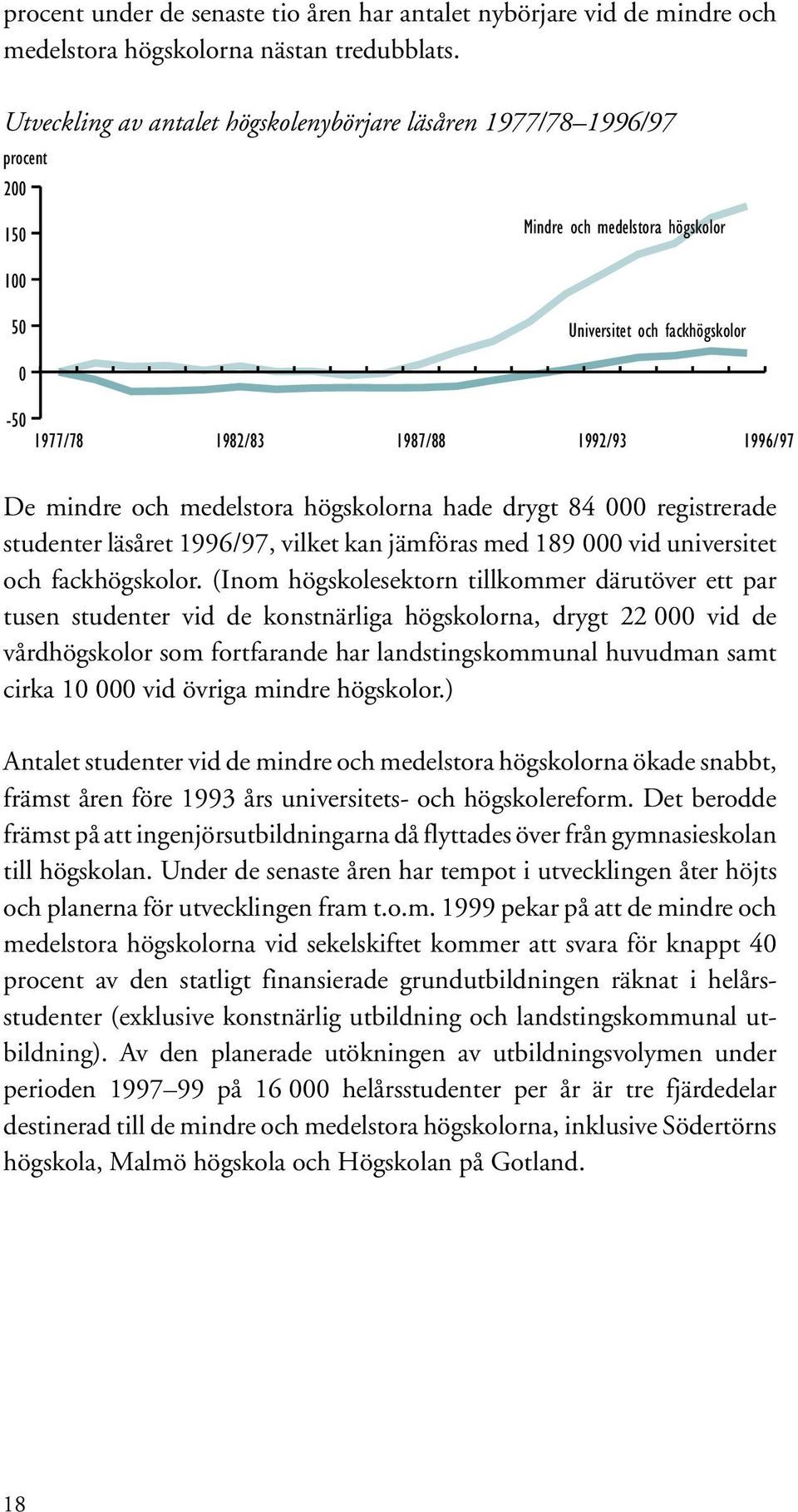 mindre och medelstora högskolorna hade drygt 84 000 registrerade studenter läsåret 1996/97, vilket kan jämföras med 189 000 vid universitet och fackhögskolor.