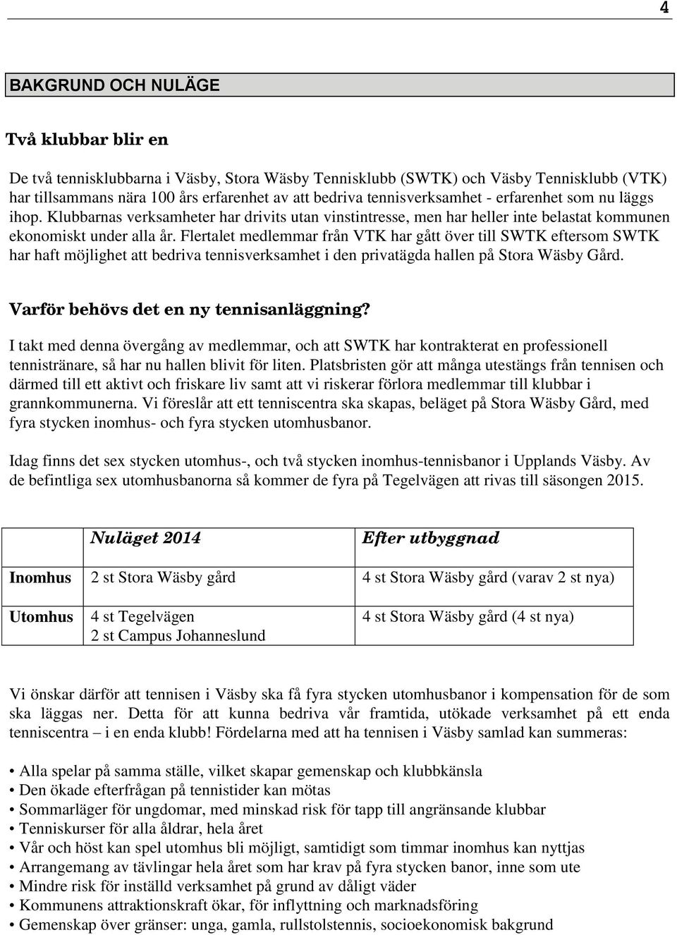 Flertalet medlemmar från VTK har gått över till SWTK eftersom SWTK har haft möjlighet att bedriva tennisverksamhet i den privatägda hallen på Stora Wäsby Gård.