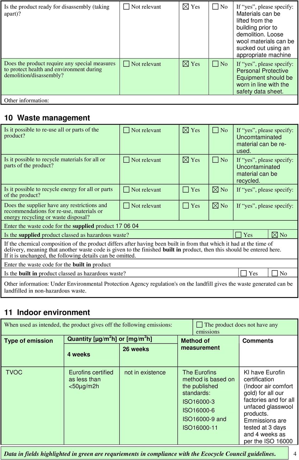 Loose wool materials can be sucked out using an appropriate machine Not relevant Yes No If yes, please specify: Personal Protective Equipment should be worn in line with the safety data sheet.