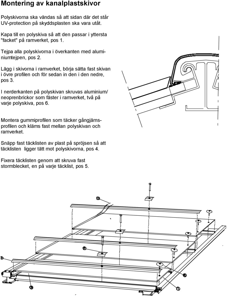 Lägg i skivorna i ramverket, börja sätta fast skivan i övre profilen och för sedan in den i den nedre, pos 3.