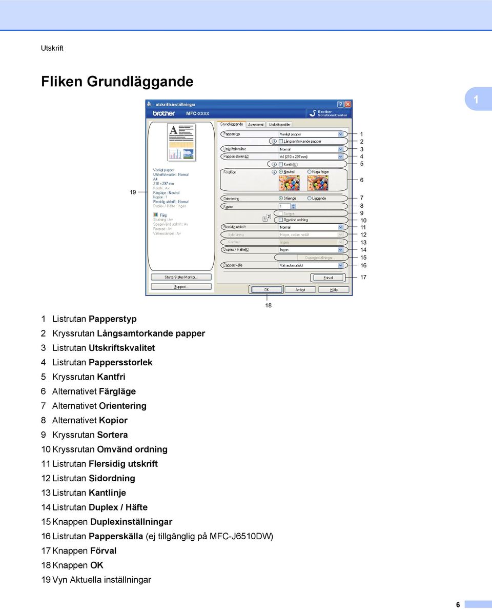 Kryssrutan Sortera 10 Kryssrutan Omvänd ordning 11 Listrutan Flersidig utskrift 12 Listrutan Sidordning 13 Listrutan Kantlinje 14 Listrutan Duplex /