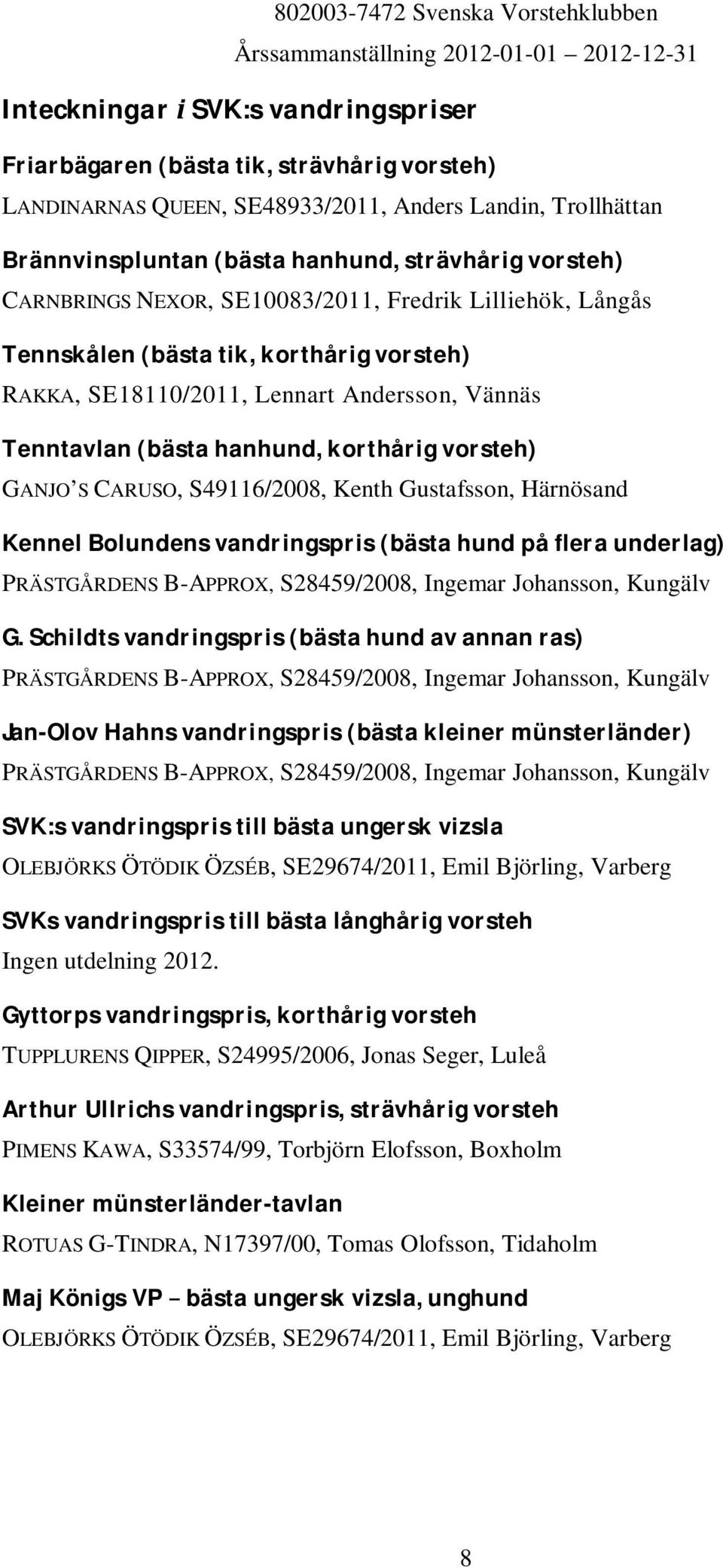 S CARUSO, S49116/2008, Kenth Gustafsson, Härnösand Kennel Bolundens vandringspris (bästa hund på flera underlag) PRÄSTGÅRDENS B-APPROX, S28459/2008, Ingemar Johansson, Kungälv G.