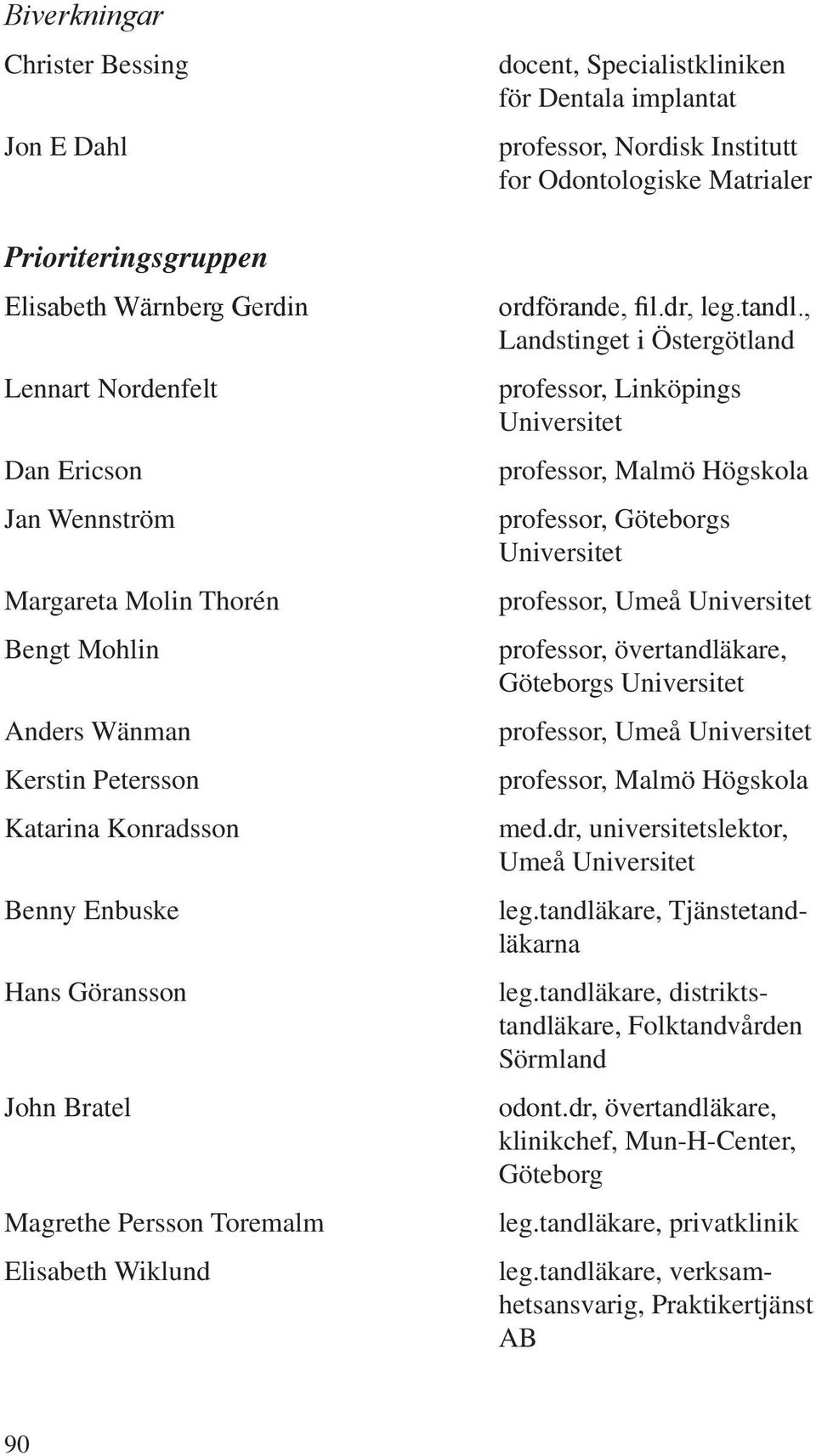 Odontologiske Matrialer ordförande, fil.dr, leg.tandl., Landstinget i Östergötland professor, Linköpings professor, Göteborgs professor, Umeå Göteborgs professor, Umeå med.