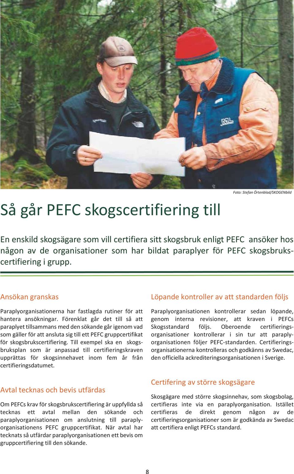 Förenklat går det till så att paraplyet tillsammans med den sökande går igenom vad som gäller för att ansluta sig till ett PEFC gruppcertifikat för skogsbrukscertifiering.