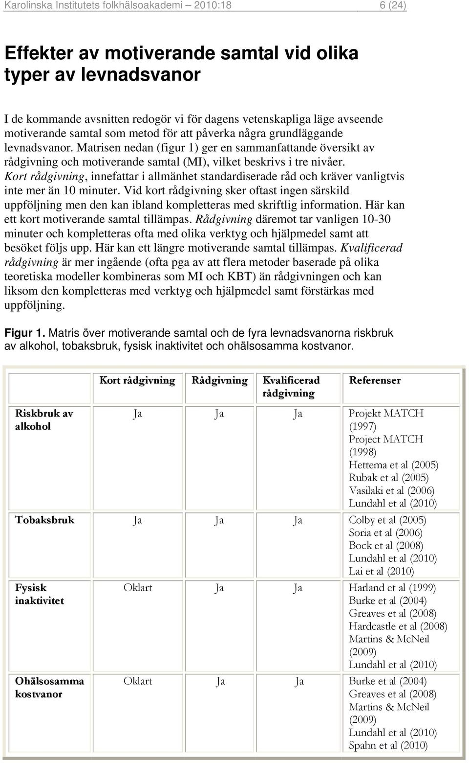 Matrisen nedan (figur 1) ger en sammanfattande översikt av rådgivning och motiverande samtal (MI), vilket beskrivs i tre nivåer.