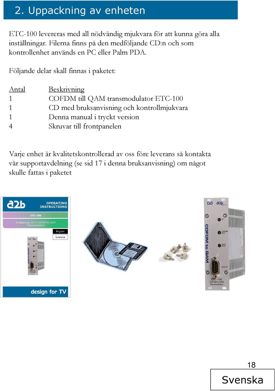 Följande delar skall finnas i paketet: Antal Beskrivning 1 COFDM till QAM transmodulator ETC-100 1 CD med bruksanvisning och kontrollmjukvara