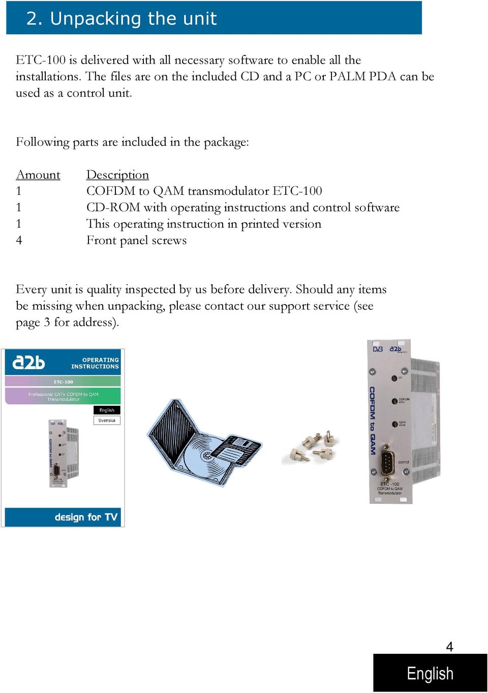 Following parts are included in the package: Amount Description 1 COFDM to QAM transmodulator ETC-100 1 CD-ROM with operating instructions and