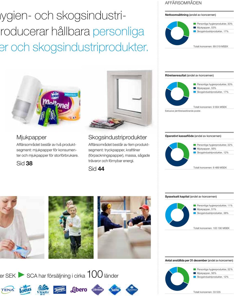 Personliga hygienprodukter, 30% Mjukpapper, 53% Skogsindustriprodukter, 17% Totalt koncernen: 9 934 MSEK Exklusive jämförelsestörande poster.