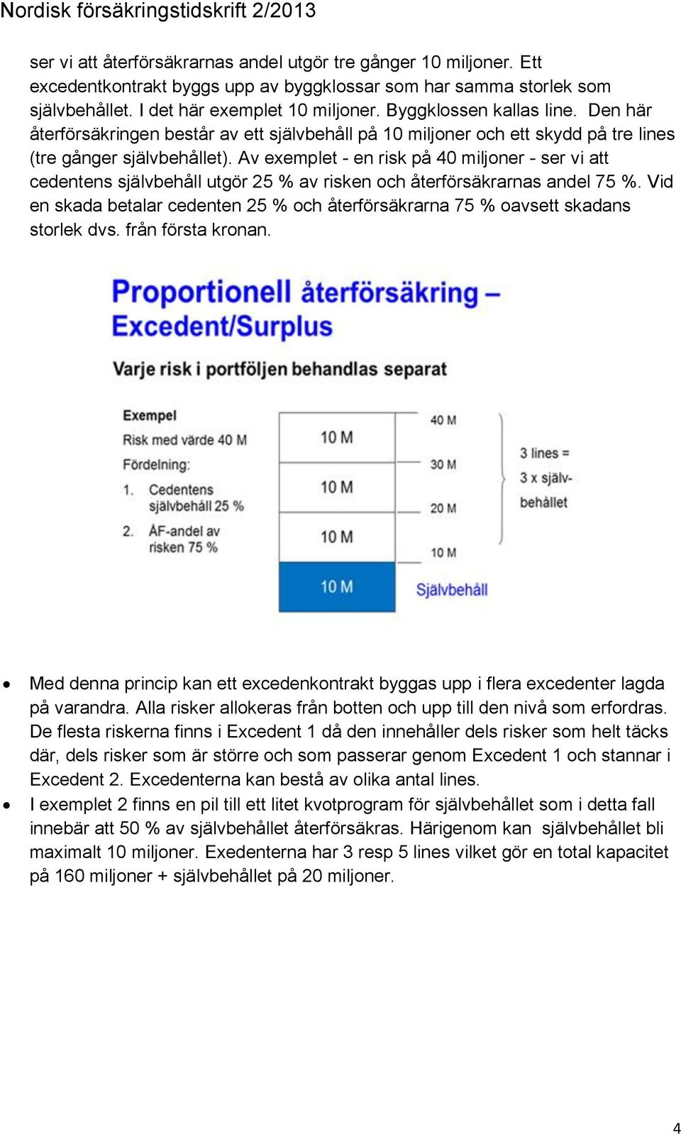 Av exemplet - en risk på 40 miljoner - ser vi att cedentens självbehåll utgör 25 % av risken och återförsäkrarnas andel 75 %.