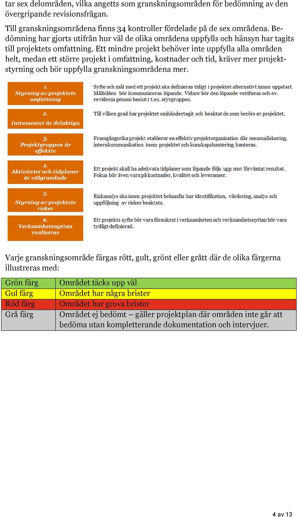 Ett mindre projekt behöver inte uppfylla alla områden helt, medan ett större projekt i omfattning, kostnader och tid, kräver mer projektstyrning och bör uppfylla granskningsområdena mer.