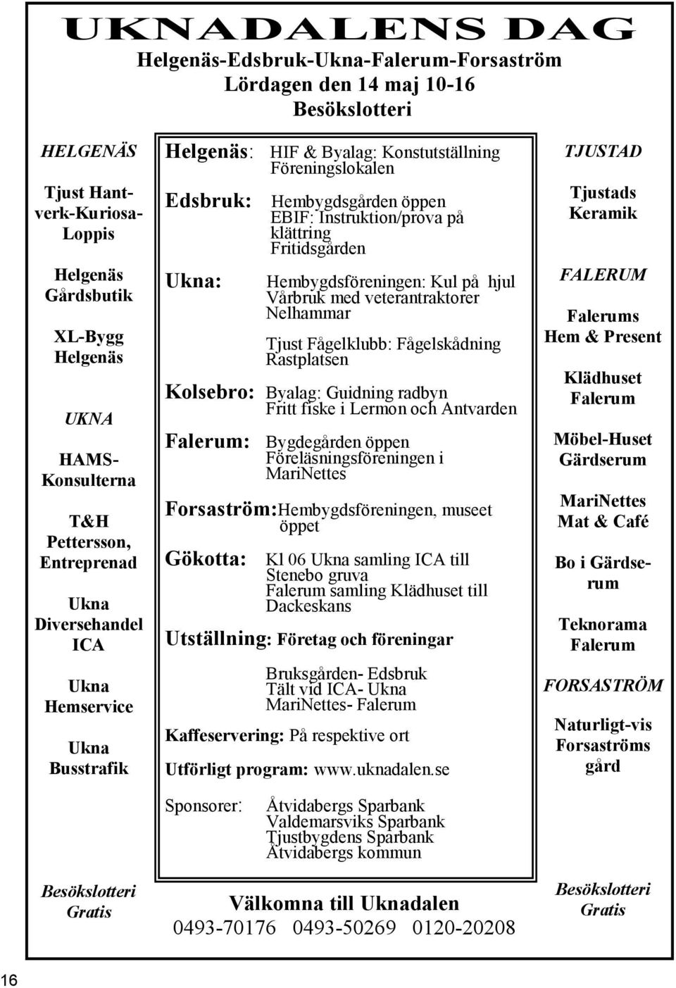 Instruktion/prova på klättring Fritidsgården Ukna: Hembygdsföreningen: Kul på hjul Vårbruk med veterantraktorer Nelhammar Tjust Fågelklubb: Fågelskådning Rastplatsen Kolsebro: Byalag: Guidning radbyn