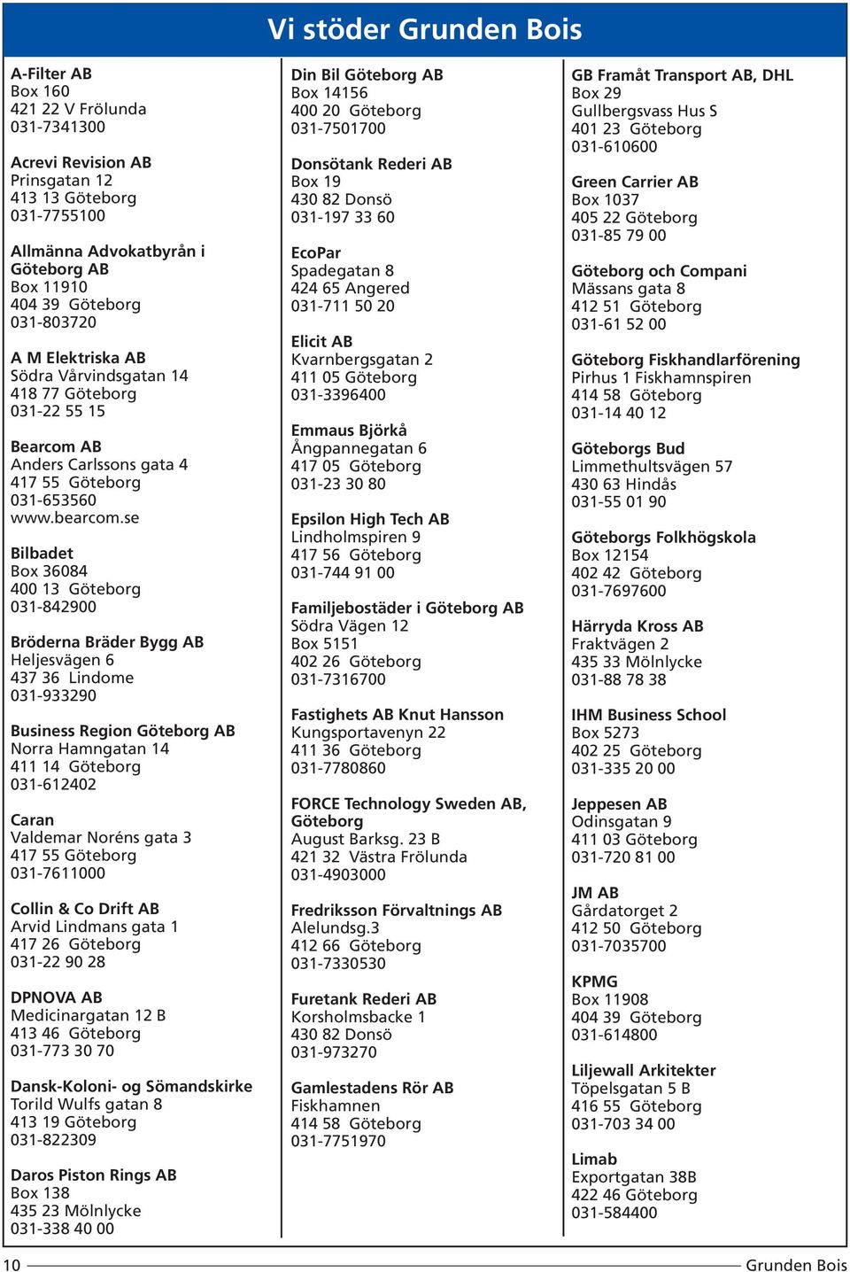 se Bilbadet Box 36084 400 13 Göteborg 031-842900 Bröderna Bräder Bygg AB Heljesvägen 6 437 36 Lindome 031-933290 Business Region Göteborg AB Norra Hamngatan 14 411 14 Göteborg 031-612402 Caran
