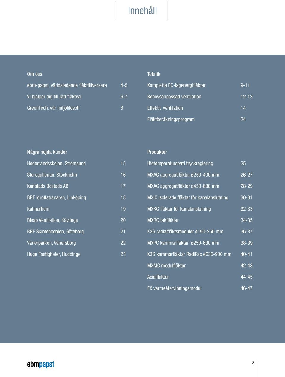 Kalmarhem 19 Bisab Ventilation, Kävlinge 20 BRF Skintebodalen, Göteborg 21 Vänerparken, Vänersborg 22 Huge Fastigheter, Huddinge 23 Produkter Utetemperaturstyrd tryckreglering 25 MXAC aggregatfläktar