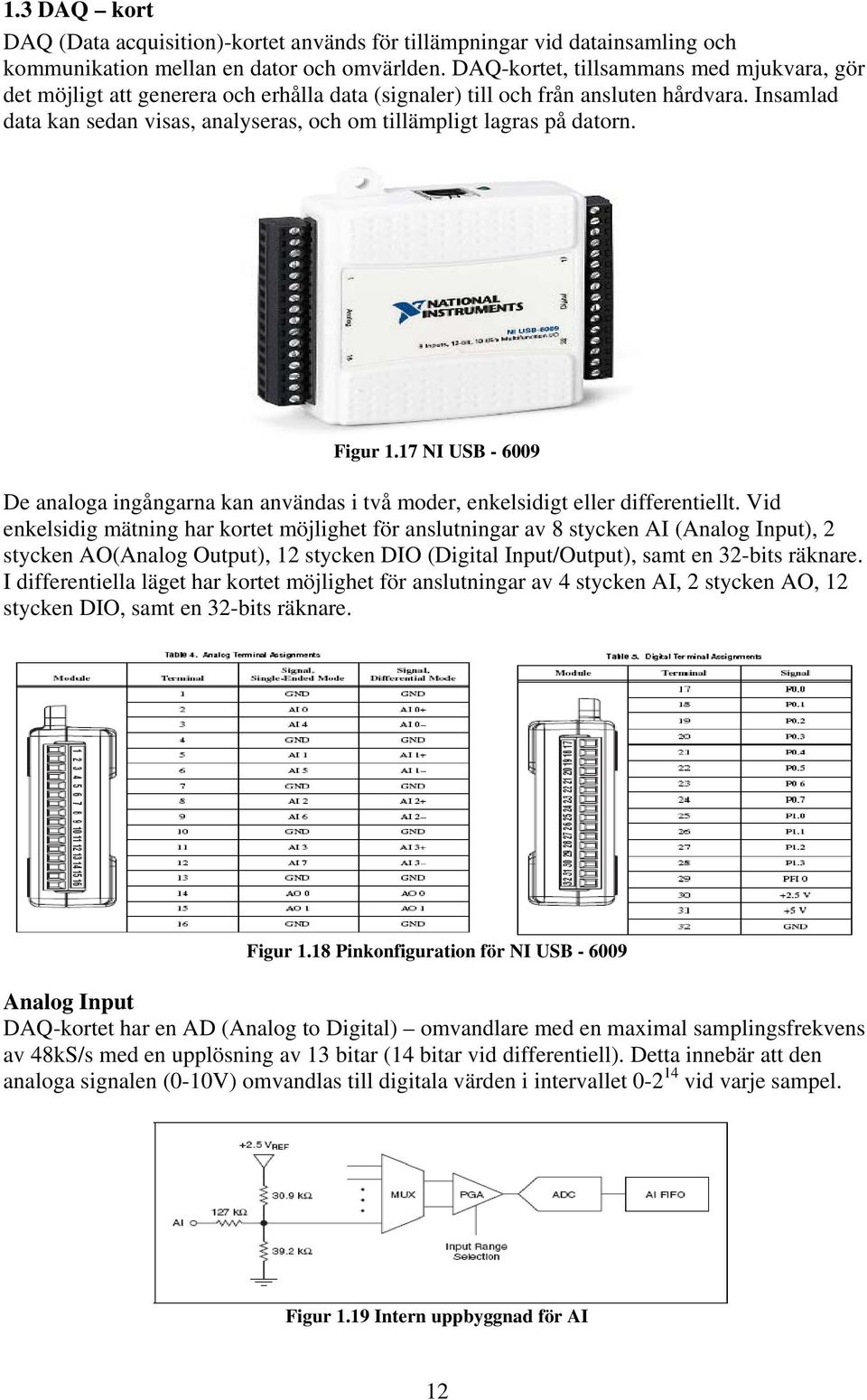 Insamlad data kan sedan visas, analyseras, och om tillämpligt lagras på datorn. Figur 1.17 NI USB - 6009 De analoga ingångarna kan användas i två moder, enkelsidigt eller differentiellt.