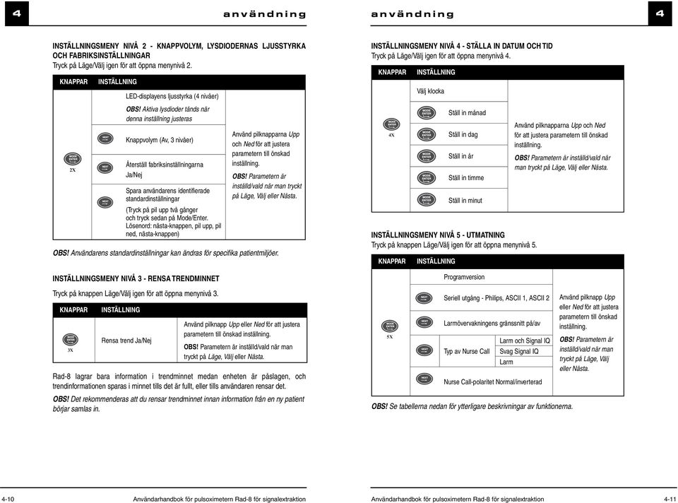 Aktiva lysdioder tänds när denna inställning justeras Knappvolym (Av, 3 nivåer) Återställ fabriksinställningarna Ja/Nej Spara användarens identifierade standardinställningar (Tryck på pil upp två