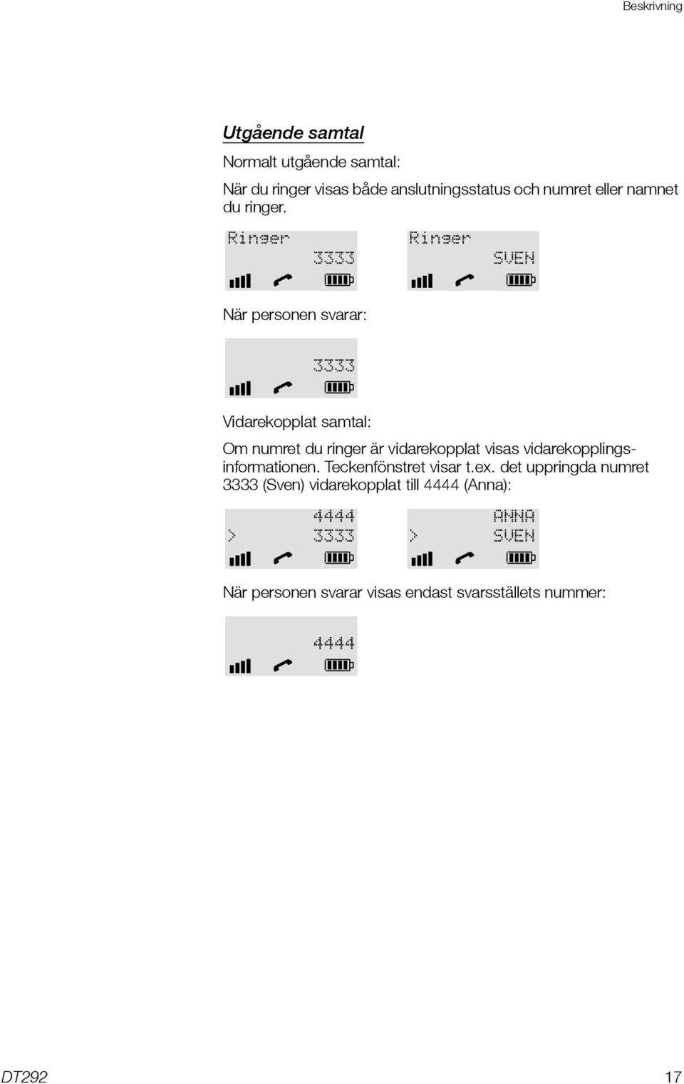 Ringer 3333 Ringer SVEN När personen svarar: 3333 Vidarekopplat samtal: Om numret du ringer är vidarekopplat