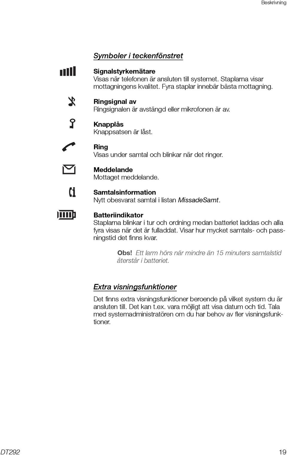 Samtalsinformation Nytt obesvarat samtal i listan MissadeSamt. Batteriindikator Staplarna blinkar i tur och ordning medan batteriet laddas och alla fyra visas när det är fulladdat.