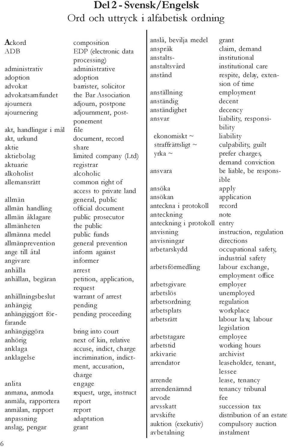 anhängiggjort förfarande anhängiggöra anhörig anklaga anklagelse anlita anmana, anmoda anmäla, rapportera anmälan, rapport anpassning anslag, pengar 6 composition EDP (electronic data processing)