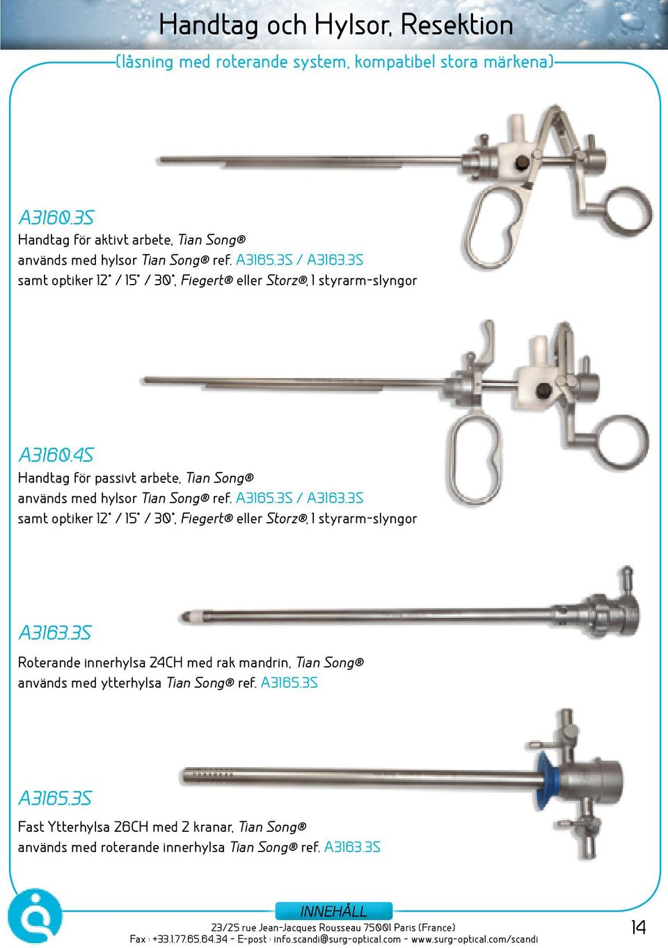 3S samt optiker 12 / 15 / 30, Fiegert eller Storz, 1 styrarm-slyngor A3160.4S Handtag för passivt arbete, Tian Song används med hylsor Tian Song ref. A3165.