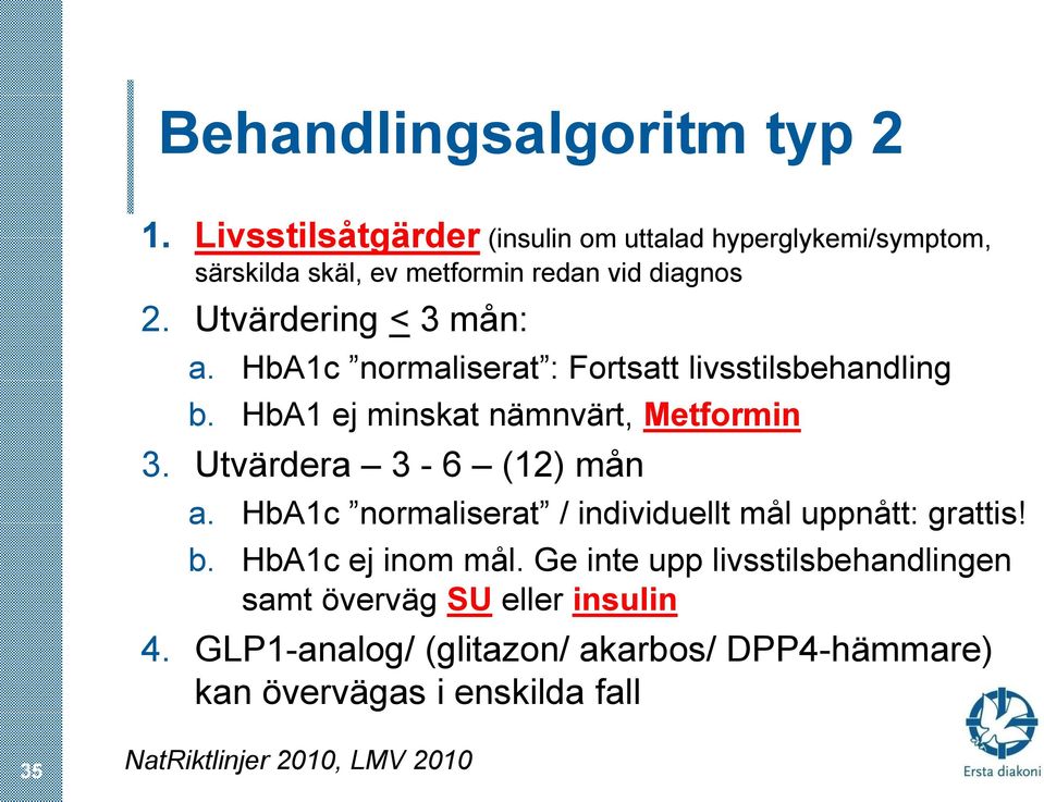 HbA1c normaliserat : Fortsatt livsstilsbehandling b. HbA1 ej minskat nämnvärt, Metformin 3. Utvärdera 3-6 (12) mån a.