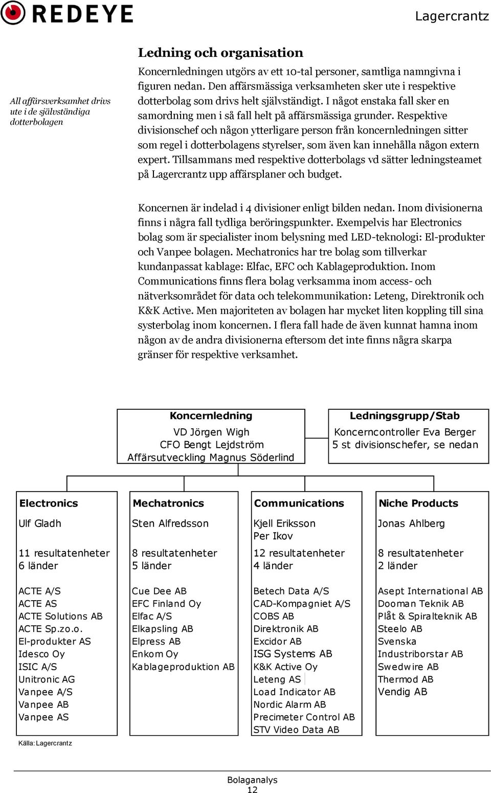 Respektive divisionschef och någon ytterligare person från koncernledningen sitter som regel i dotterbolagens styrelser, som även kan innehålla någon extern expert.