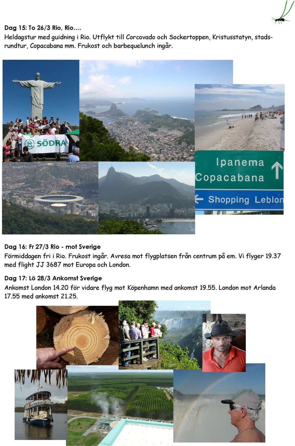 Dag 16: Fr 27/3 Rio - mot Sverige Förmiddagen fri i Rio. Frukost ingår. Avresa mot flygplatsen från centrum på em.