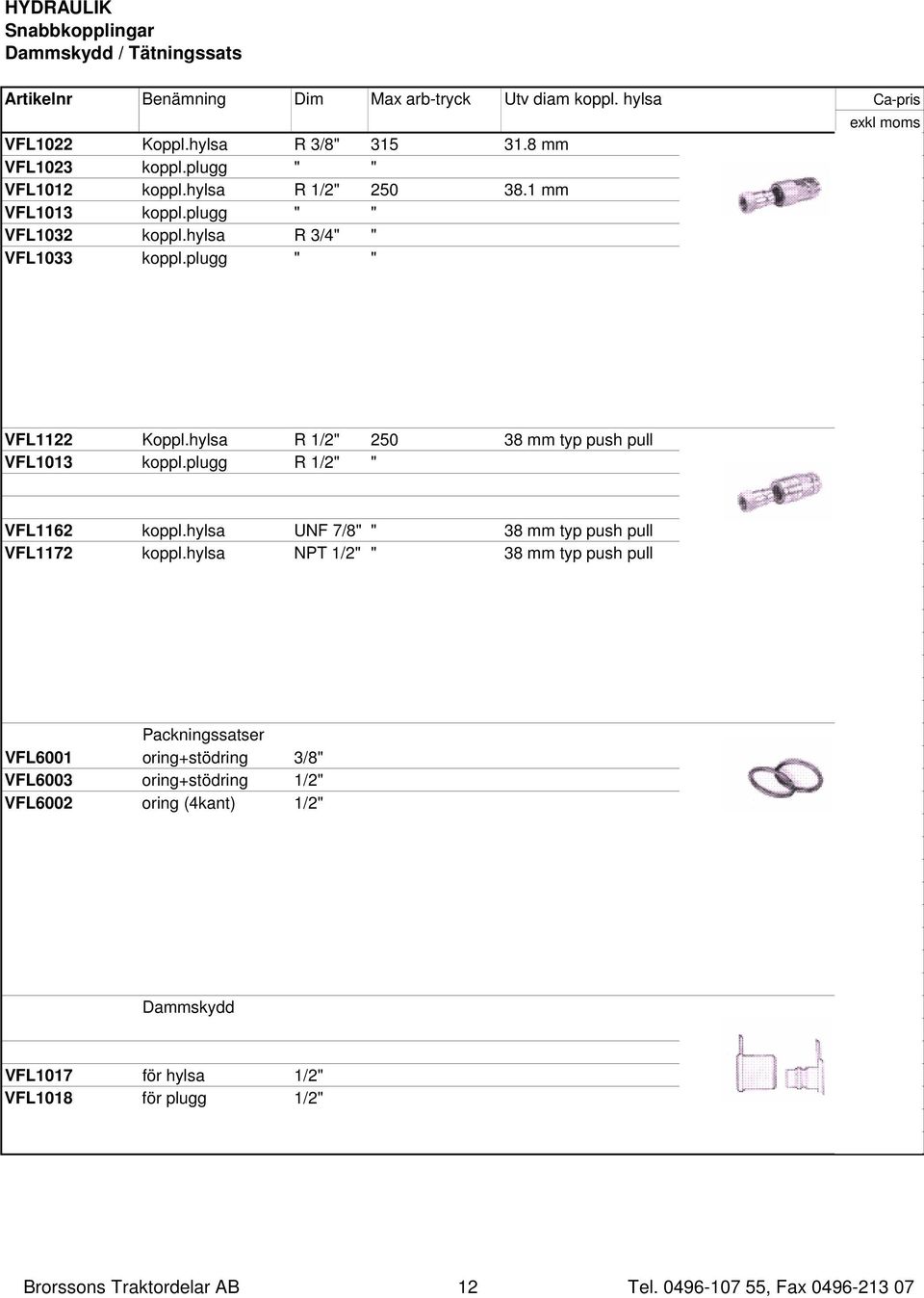 hylsa R 1/2" 250 38 mm typ push pull 120,00 VFL1013 koppl.plugg R 1/2" " 45,00 VFL1162 koppl.hylsa UNF 7/8" " 38 mm typ push pull 215,00 VFL1172 koppl.