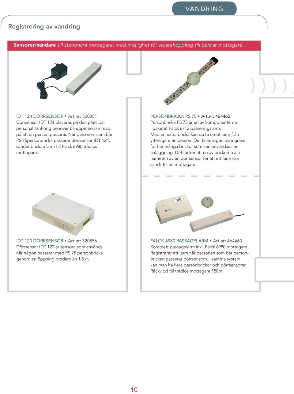 När personen som bär PS 75personbricka passerar dörrsensor IDT 124, sänder brickan larm till Falck 6980 trådlös mottagare. PERSONBRICKA PS 75 Art.