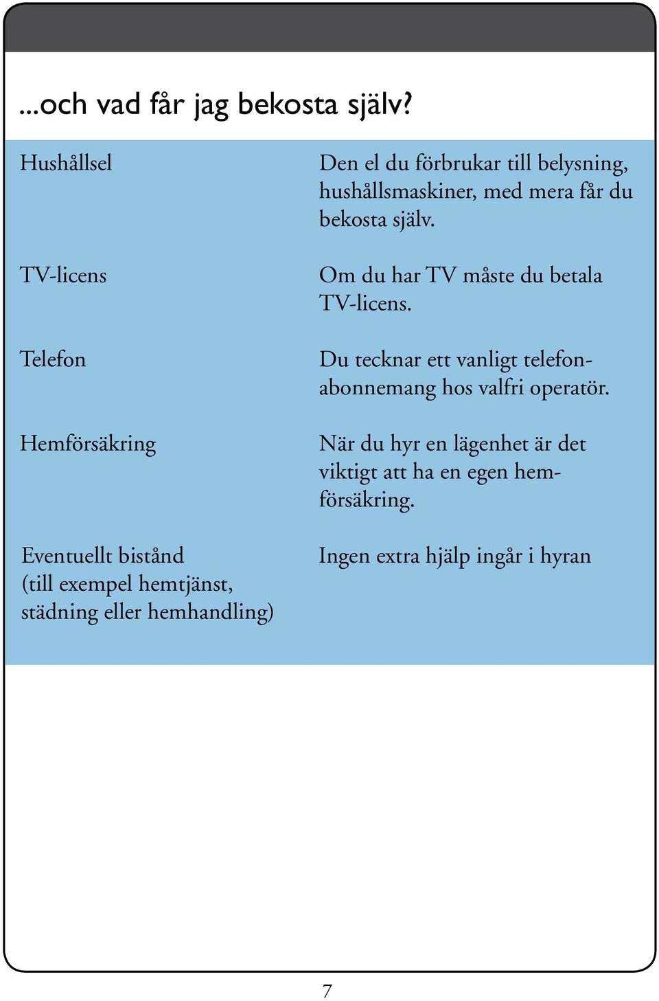 hemhandling) Den el du förbrukar till belysning, hushållsmaskiner, med mera får du bekosta själv.