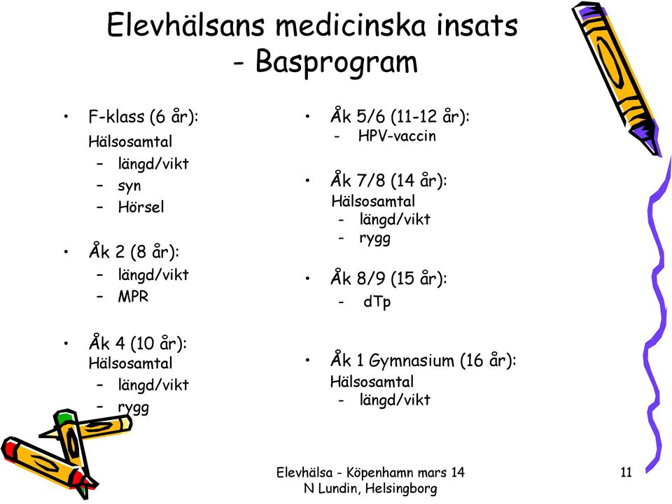 HPV-vaccin Åk 7/8 (14 år): Hälsosamtal - längd/vikt - rygg Åk 8/9 (15 år): -