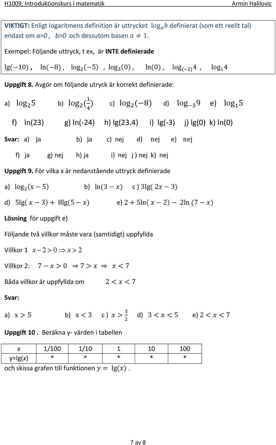 Avgör om följande utryck är korrekt definierade: a) log 5 b) log ( ) c) log ( 8) d) log 9 e) log 5 f) ln(23) g) ln(-24) h) lg(23.