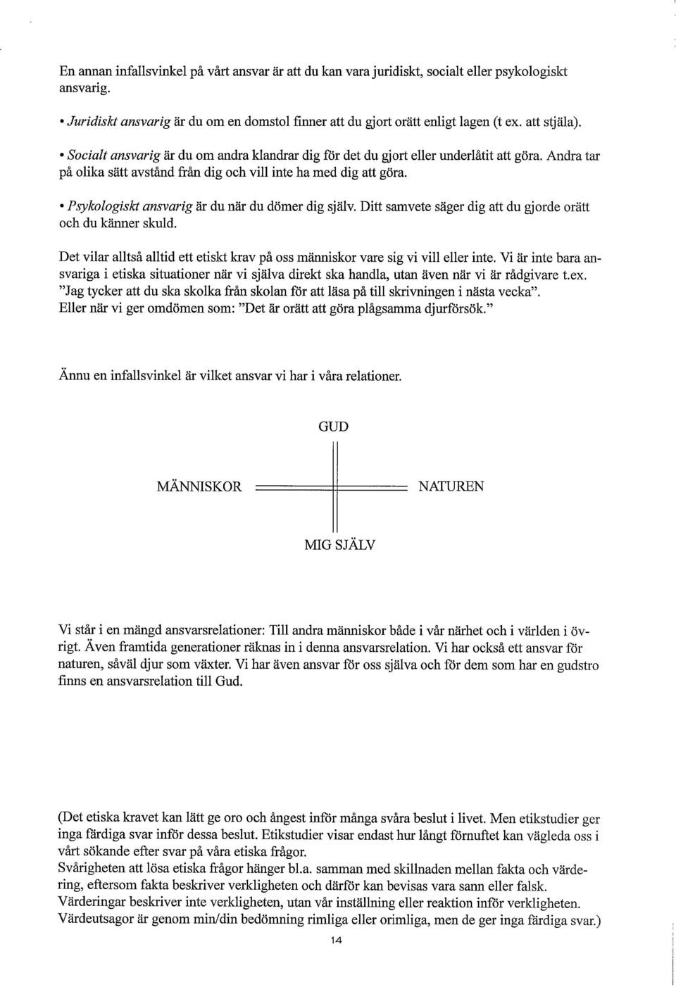 Psykologisktansvarig är du när du dömer dig själv. Ditt samvete säger dig att du gjorde orätt och du känner skuld. Det vilar alltså alltid ett etiskt krav på oss människor vare sig vi vill eller inte.